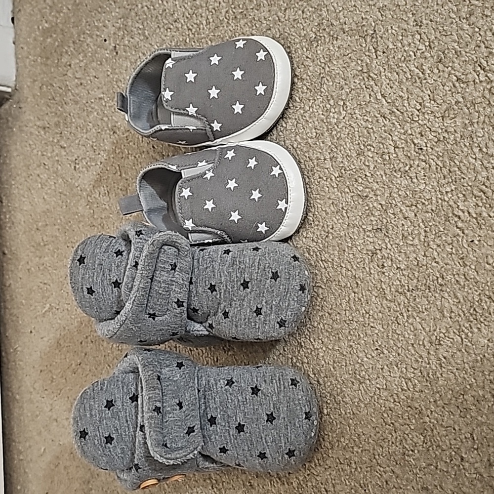 2 for $30,  set of star baby shoes, 3-9months.Both grey with stars size 3